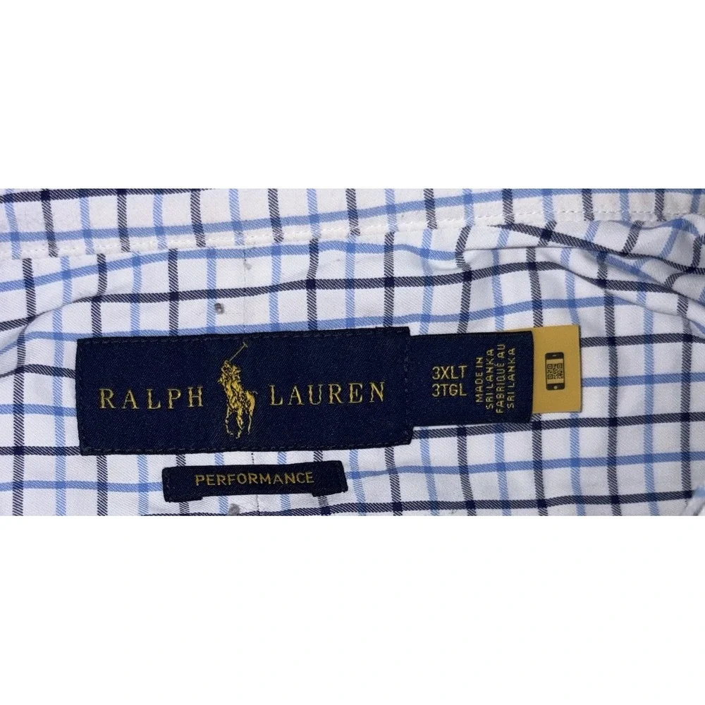 Polo Ralph Lauren Performance 3XLT 3XL Tall White Blue Plaid‎ Wicking Stretch